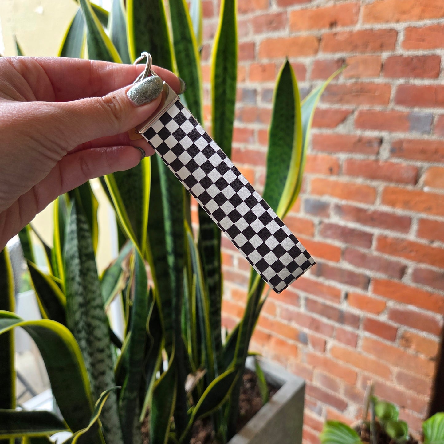 Checkered Faux Leather Key Fob
